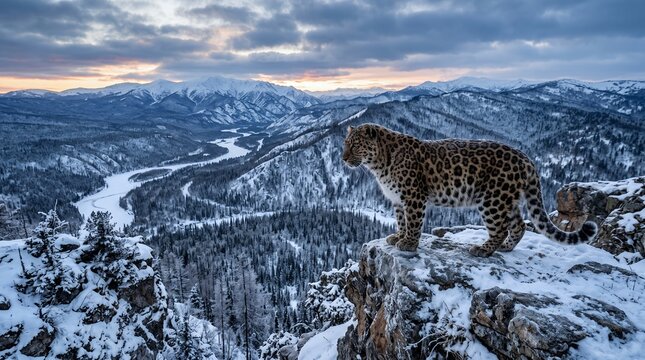 Amur leopard overlooking frozen valley from rocky cliff, expansive snowy forest stretching into the distance, dramatic winter landscape