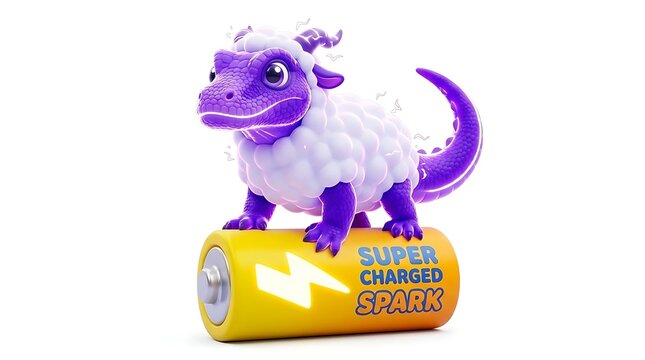 Fantasy purple dragon sheep character on battery