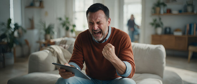 Man celebrating victory with tablet while sitting on sofa in living room