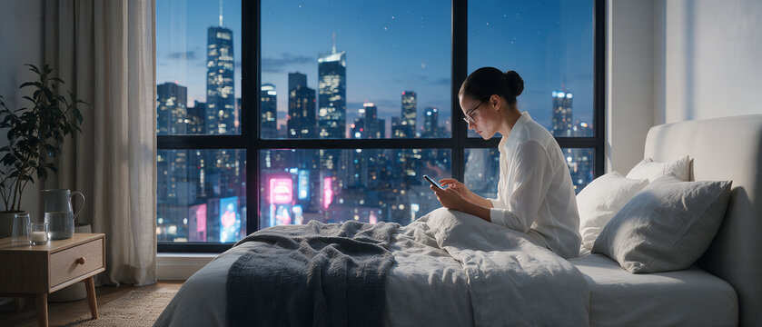 Young woman texting on mobile phone in bedroom with night city skyline