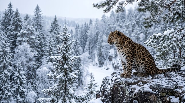 Amur leopard quietly observing surroundings from rocky ledge inside snowy conifer forest, cinematic composition