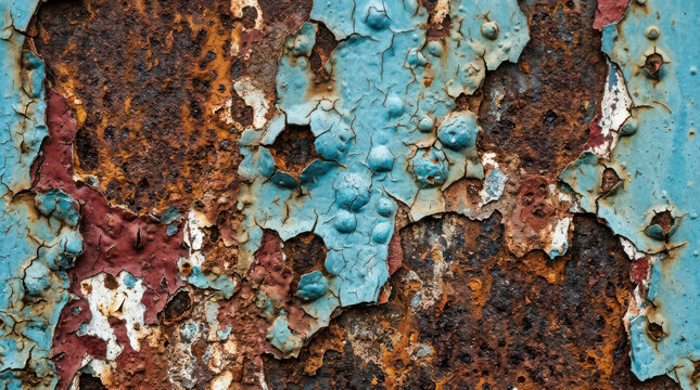 Close-up view of weathered and peeling blue paint on a rusty, textured metal surface, showing layers of decay and corrosion