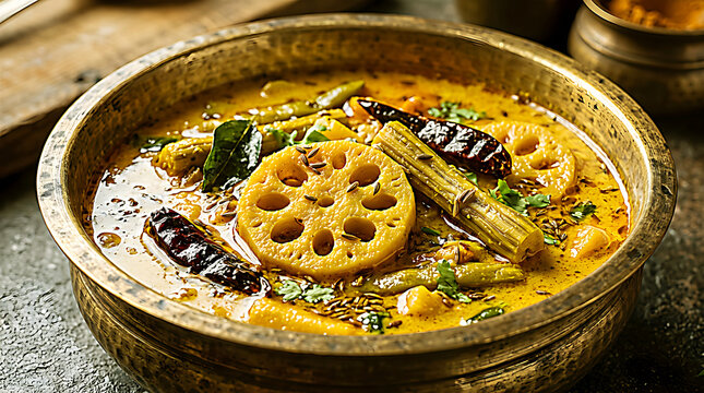 Authentic Sindhi Kadhi Curry Lotus Stem Drumstick Brass Bowl Close-up