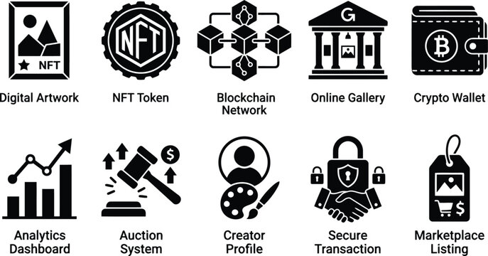 NFT and Blockchain Technology Icons: Digital Art, Crypto Wallet, Marketplace