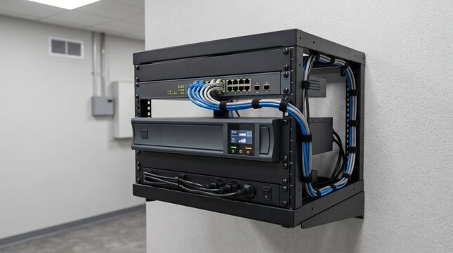 Network firewall router mounted on wall rack. IT infrastructure hardware for data security.
