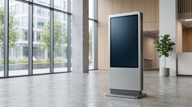Interactive digital kiosk in modern lobby. Blank touchscreen display for advertising.