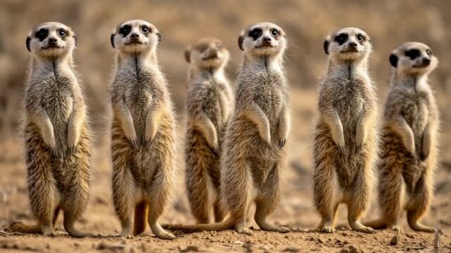 Alert meerkat mob standing sentinel in the arid desert landscape