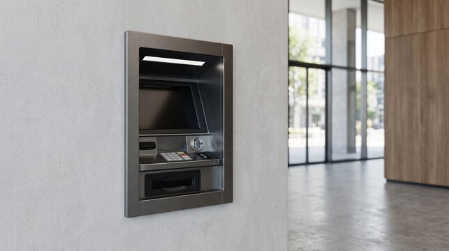 Modern ATM machine in a bank lobby. Automated teller machine for financial banking services.
