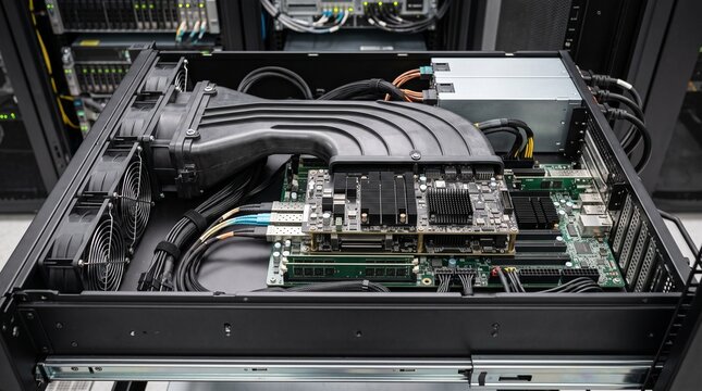 Neural computing module in server rack. AI hardware processor for high performance computing.
