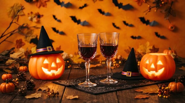 Halloween table setting with jackolanterns wearing witch hats and wine glasses