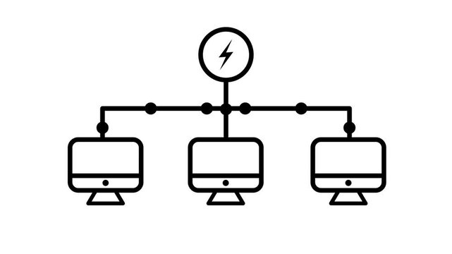 Lightning bolt power connected to three computer monitors animation isolated on white background
