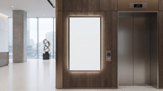 Blank elevator advertising panel. Mockup of a vertical digital display in a modern lobby.