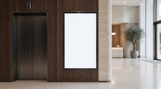 Blank elevator advertising mockup. Vertical poster frame on modern office building wall.