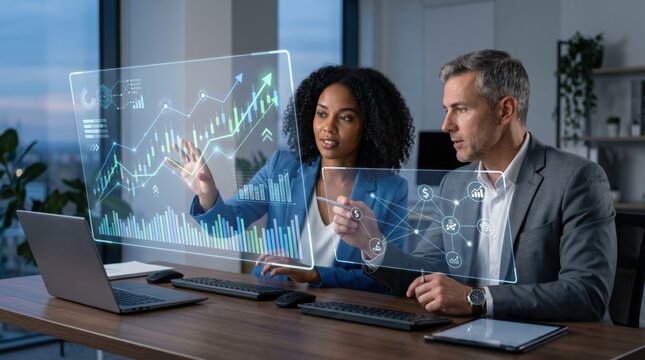 Diverse business team analyzing futuristic holographic charts and financial data projections on virtual screens, collaboration and innovation in high tech corporate office envir...