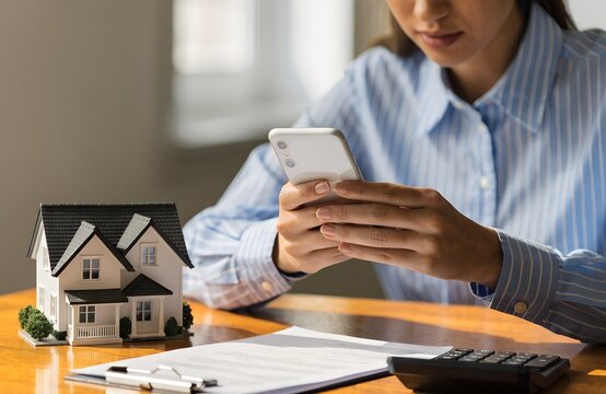 Close-up of female employee hand using smartphone with financial calculator and invoice receipt in office. Professional business woman checking mobile payment and online banking data.