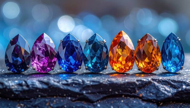 Vibrant Gemstones Displayed in a Row on a Dark Textured Surface.