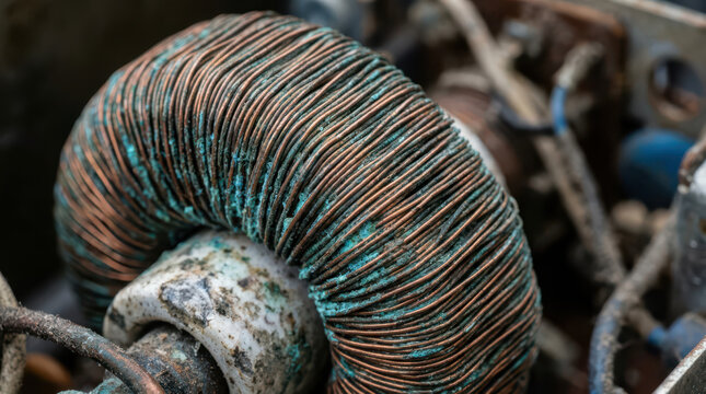 Close-up of vintage dusty toroidal copper coil inductor with green oxidation patina