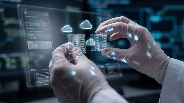 Business executive using holographic cloud data interface with computing