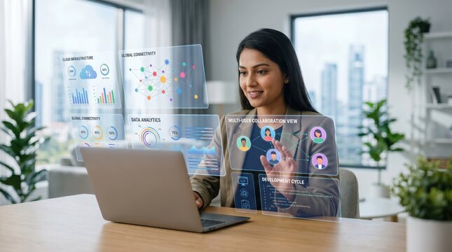Businesswoman interacting with futuristic holographic interface displaying data analytics charts and graphs, illustrating cloud computing, global connectivity, and multi-user co...
