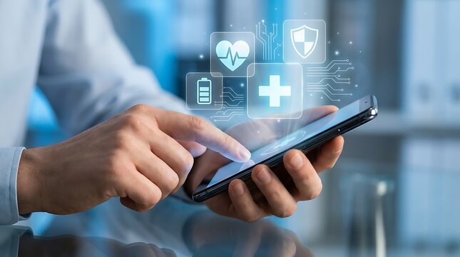 Digital healthcare technology concept hands interacting with a smartphone displaying health icons
