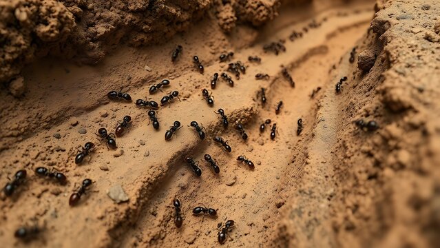 Ant colony erosion channels in earthen dam, natural patterns, soil texture, macro view.