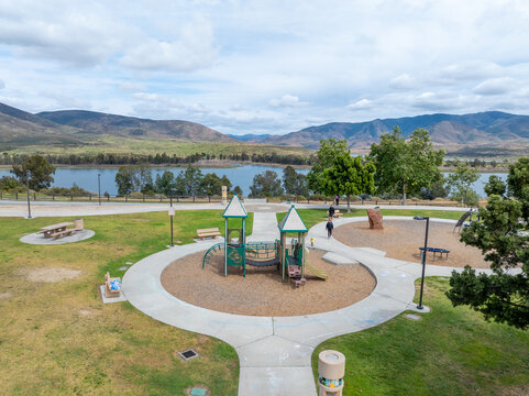 Aerial view of Otay Lakes County Park in Chula Vista, California, a scenic view of a mountain range, the lake. High quality photo