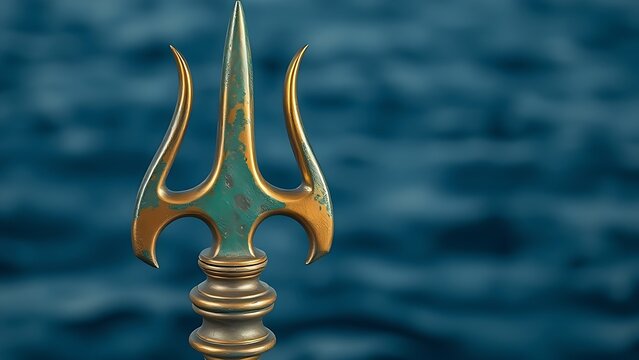 Classical brass trident figurehead with green patina on a blue background.