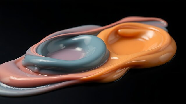 Two viscous liquids of different colors slowly merging on a dark surface.
