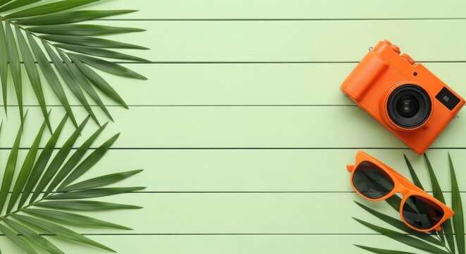 Vibrant summer flat lay composition featuring an orange retro camera stylish sunglasses and green palm leaves