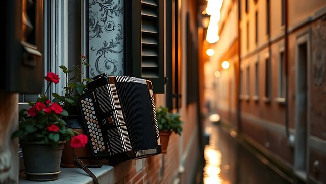 A Venetian alley at dusk with an accordion on a windowsill beside potted flowers.