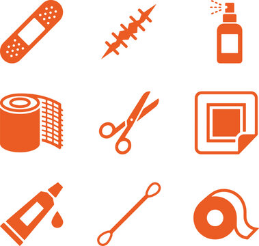 Wound Care First Aid Bandage Icon Set Nine Flat Medical Treatment Symbols