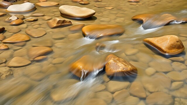 A shallow stream flowing over smooth river stones, creating graceful curves.