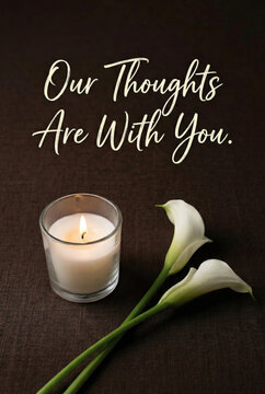 Vertical condolence card with single candle and calla lilies on dark fabric background for sympathy message and memorial social media post design
