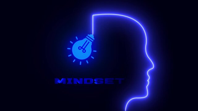 Mindset concept animated video featuring glowing neon human head profile with light bulb and typography text for mental attitude and positive thinking