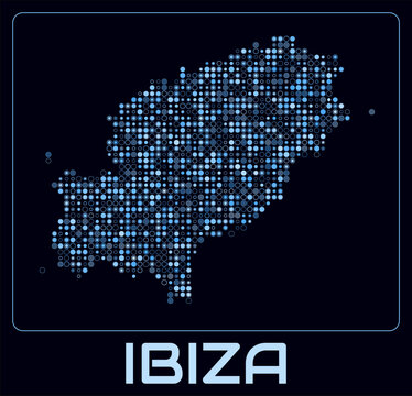 Ibiza digital style map. Small circle dots on dark background. Dotted shape of the island. Ibiza map and title. Classy vector illustration.