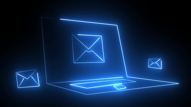 neon message icon animation with black background. message icon concept. cybersecurity data breach concept, Glowing email icon on a laptop screen. Message mail ...