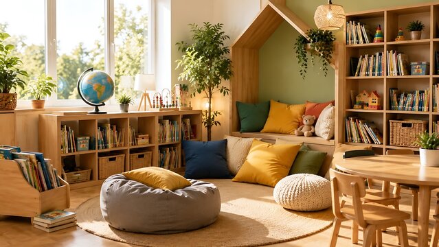 Bright and cozy children's reading nook with natural light