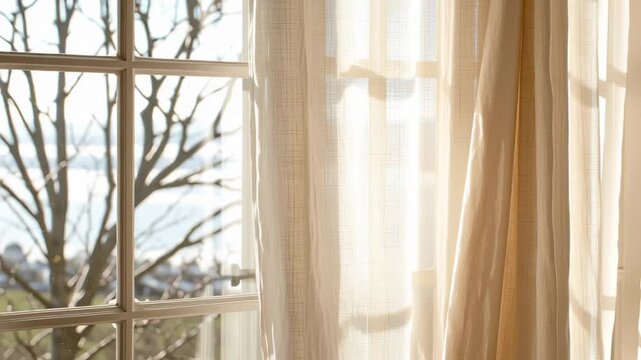 Slow motion tracking shot of linen curtains swaying and billowing at sunlit window overlooking seaside view from interior room