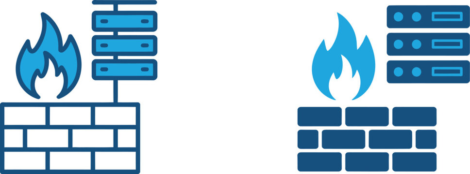 Network Firewall Icon Set featuring cybersecurity protection, secure network, data security, internet defense, firewall shield, and dual color line glyph vector styles for modern digital systems.