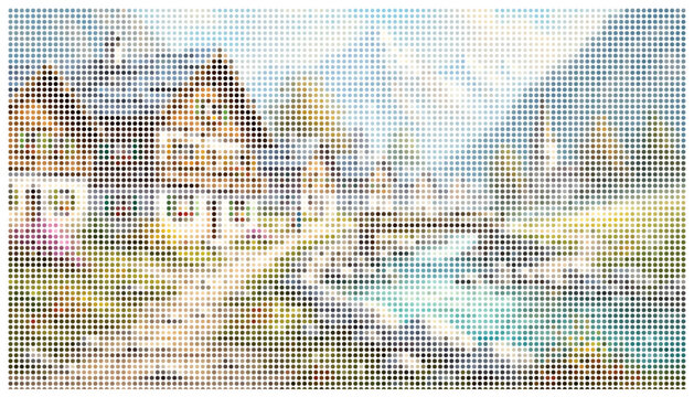 Abstract dotted mosaic pattern featuring rustic village house and mountain landscape scene.