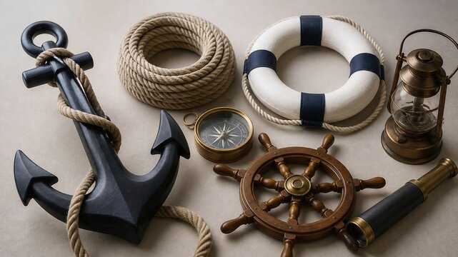 Nautical symbols: anchor, wheel, compass, lifebuoy, spyglass
