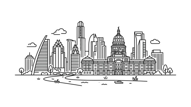 Minimalist line art illustration of the Austin Texas city skyline with the state capitol building.