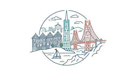 Naklejka premium Minimalist line art illustration of San Francisco city skyline landmarks in a circular frame.