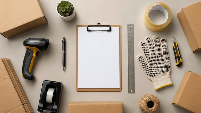 Packing Supplies Flat Lay With Clipboard and Scanner