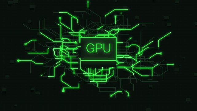 Animated abstract digital circuitry with central glowing GPU chip