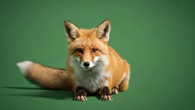 A vibrant red fox resting gracefully against a solid muted green background