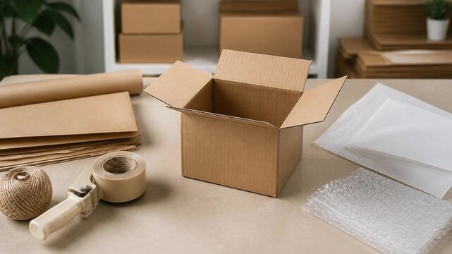 Shipping Supplies: Open Box, Tape, Bubble Wrap, Kraft Paper