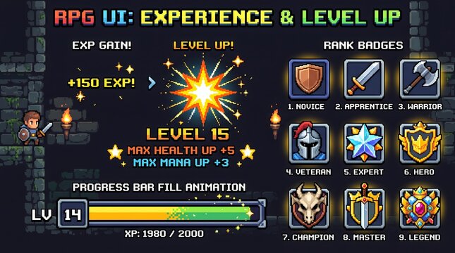 RPG video game level-up screen with experience bar, armor, and achievements.