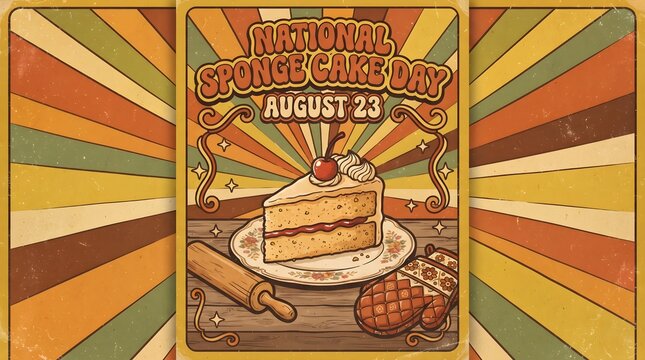 Retro Vintage Poster of Sponge Cake Slice with Cherry and Groovy National Sponge Cake Day Typography