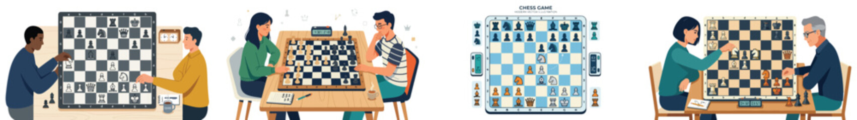 Chess game, flat vector illustration, modern board game style, white background © ErriawanDharma